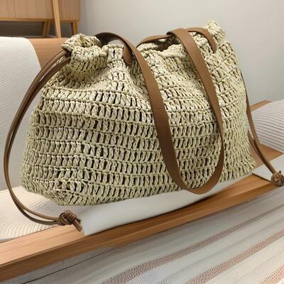Large capacity woven straw bag casual drawstring holiday beach bag