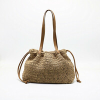 Large Capacity Woven Straw Bag Casual Drawstring Holiday Beach Bag - Thumbnail 4