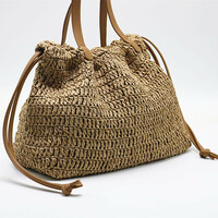 Large Capacity Woven Straw Bag Casual Drawstring Holiday Beach Bag - Thumbnail 3
