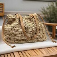 Large Capacity Woven Straw Bag Casual Drawstring Holiday Beach Bag - Thumbnail 2