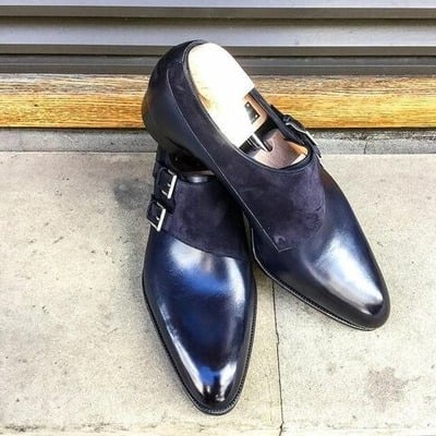 Handmade Men Blue Suede Leather Double Monk Strap Dress Shoes