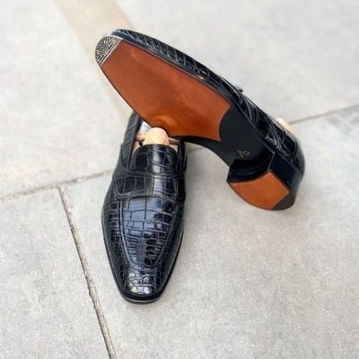 Handmade men black crocodile/alligator leather dress shoes - Thumbnail 1