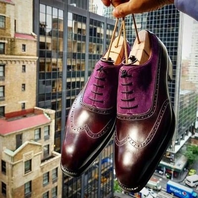 Handmade men brown purple suede leather wingtip oxford lace up dress shoes - Thumbnail 3