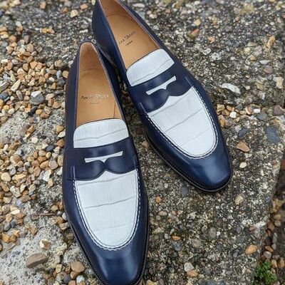 Handmade men blue calf white crocodile leather moccasin loafers dress shoes - Thumbnail 3