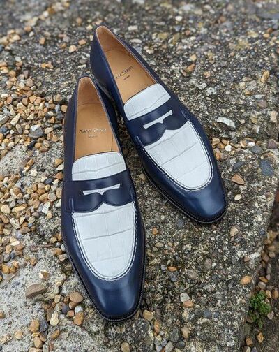 Handmade Men Blue Calf White Crocodile Leather Moccasin Loafers Dress Shoes
