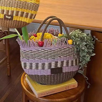 New style bucket bag gift picnic tassel wood beads decoration cute handmade woven straw bag #H336 - Thumbnail 6