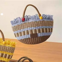 New style bucket bag gift picnic tassel wood beads decoration cute handmade woven straw bag #H336 - Thumbnail 5