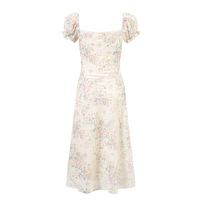 Retro Square Neck Printed Vacation Waist Short Sleeve Dress Long Skirt - Thumbnail 1