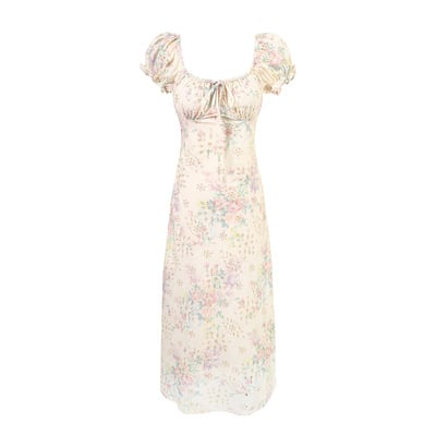 Retro square neck printed vacation waist short sleeve dress long skirt