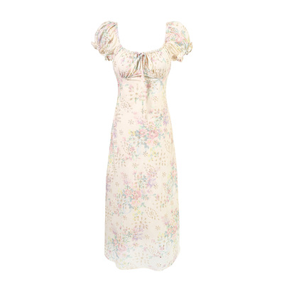 Retro Square Neck Printed Vacation Waist Short Sleeve Dress Long Skirt