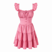 Pink square neck suspender dress with small flying sleeves - Thumbnail 1