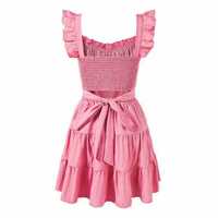 Pink square neck suspender dress with small flying sleeves - Thumbnail 2