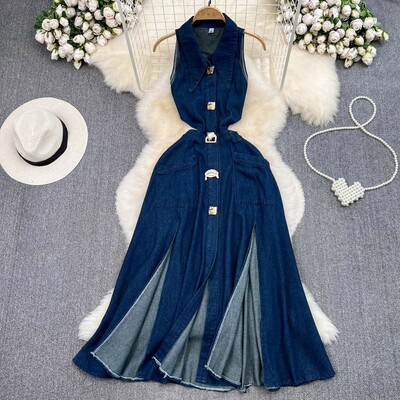 Retro Vintage Denim Maxi Dress 