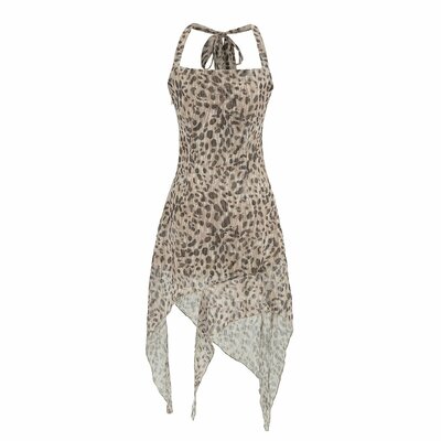 Sexy Halter Neck Animal Print Tulle Mini Bodycon Mesh Dress