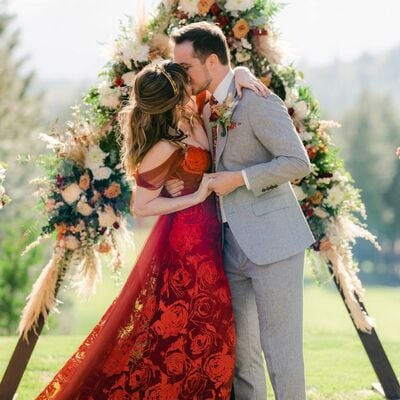 Red ball gown rose lace wedding dress bridal gown wedding gown