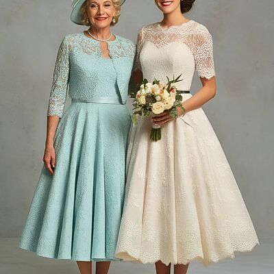 Elegant blue a line tea-length lace mother of the bride/groom dress evening formal dress