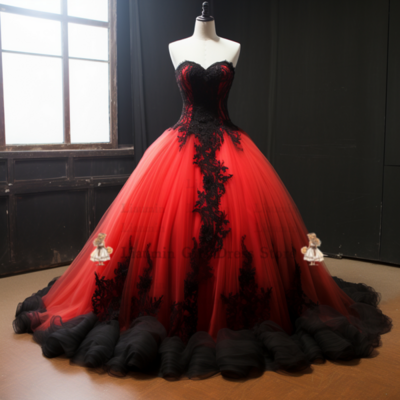 Red and Black Lace Applique Strapless Wedding Dress Robe De Mariage Plus Size Full-Length Bridal Gown Bride Dress，1910