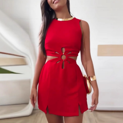 Sexy solid color sleeveless red dress