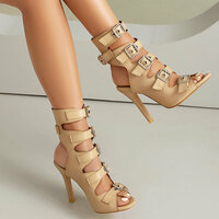 Buckle Strap Hollow Heeled Sandals - Thumbnail 4