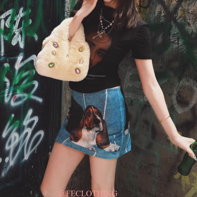 Beagle dog faux denim print low waist skirt