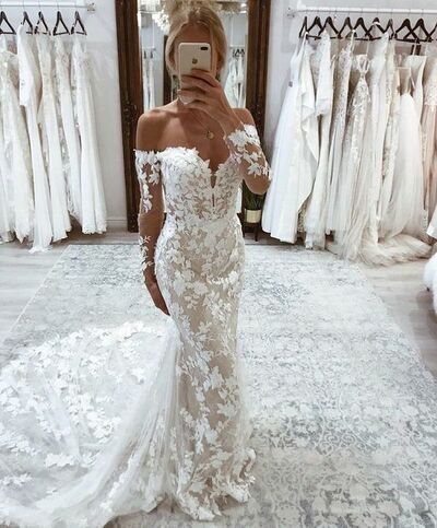 Charming Mermaid Off the Shoulder Long Sleeve Lace Wedding Dresses,1103