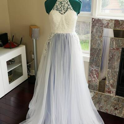 Open back lace wedding dresses blue tulle wedding gowns a line boho bridal dress with court train,1104