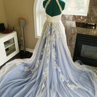 Open Back Lace Wedding Dresses Blue Tulle Wedding Gowns A Line Boho Bridal Dress with Court Train,1104 - Thumbnail 1