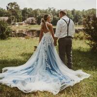 Open Back Lace Wedding Dresses Blue Tulle Wedding Gowns A Line Boho Bridal Dress with Court Train,1104 - Thumbnail 2