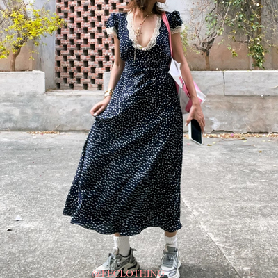 Lace patchwork polka dot print v-neck pastoral style hip-wrapped long skirt - Thumbnail 1