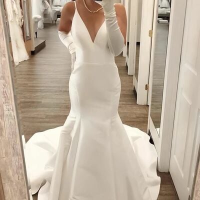 Mermaid sexy deep v-neck wedding gown, satin bridal gown wedding dress