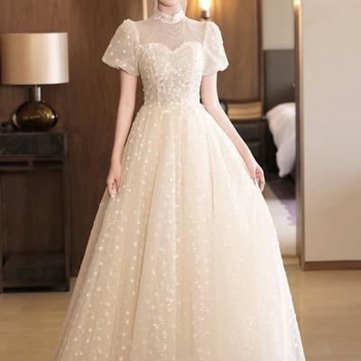 Champagne tulle sequins long a-prom party dress - Thumbnail 1