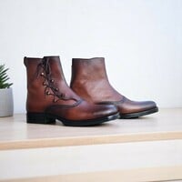 Men's Handmade Brown Leather Boot, Ankle High Dress Boot - Thumbnail 3