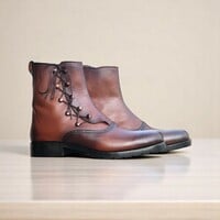 Men's Handmade Brown Leather Boot, Ankle High Dress Boot - Thumbnail 4
