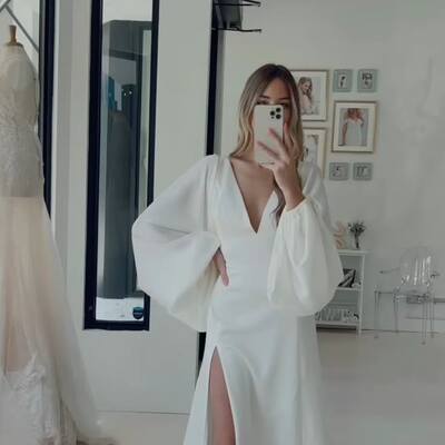 Simple a line long sleeve v neck beach boho wedding dress bridal gown wedding gown