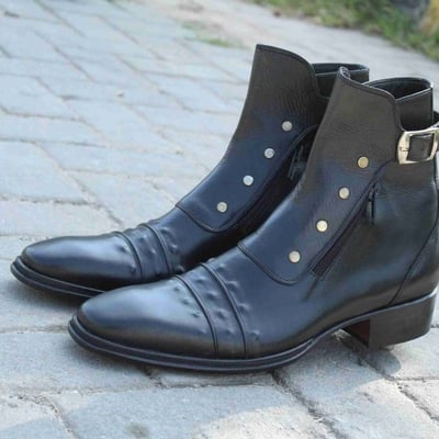 Crafted leather handmade men black leather jodhpur dress buckle boot with zipper and button