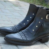Crafted Leather Handmade Men Black Leather Jodhpur Dress Buckle Boot with Zipper and Button - Thumbnail 1