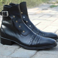 Crafted Leather Handmade Men Black Leather Jodhpur Dress Buckle Boot with Zipper and Button - Thumbnail 4