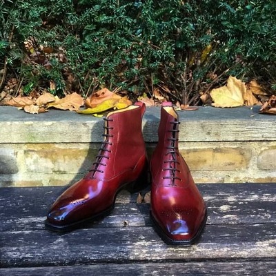 Handmade burgundy calf leather ankle high lace up dress boot