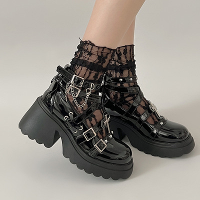 Gothic girl cross chunky heels shoes with chain decor
