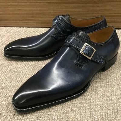 Handmade men blue leather monk strap shoes - Thumbnail 1