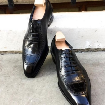 Handmade men black crocodile/alligator leather lace up dress shoes - Thumbnail 1