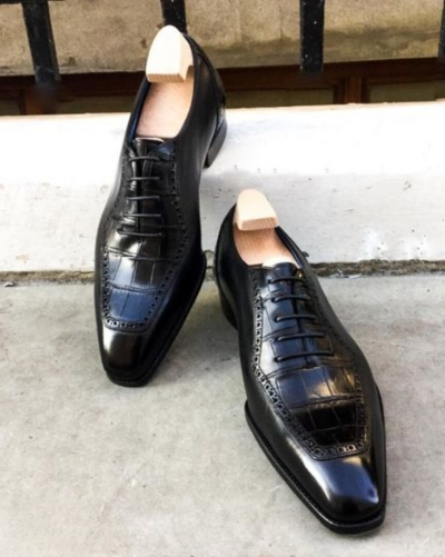 Handmade Men Black Crocodile/Alligator Leather Lace up Dress Shoes