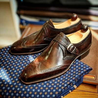 Handmade Men Brown Patina Leather Wingtip Dress Shoes