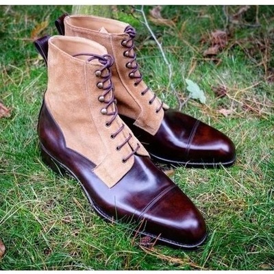 Handmade men burgundy suede calf leather ankle high lace up dress boot