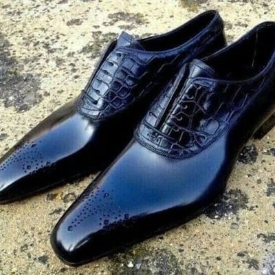 Handmade men black calf crocodile leather lace up alligator dress shoes - Thumbnail 3