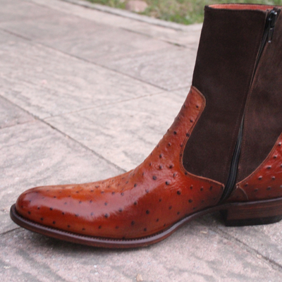 Crafted leather classic brown ostrich suede leather ankle high cowboy boot - Thumbnail 2