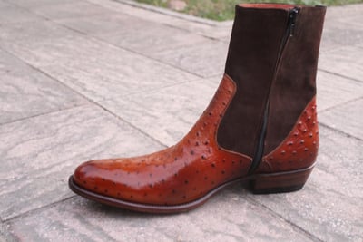 Crafted Leather Classic Brown Ostrich Suede Leather Ankle High Cowboy Boot