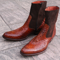 Crafted Leather Classic Brown Ostrich Suede Leather Ankle High Cowboy Boot - Thumbnail 3