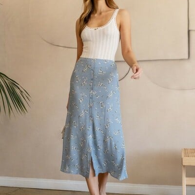 Floral button front skirt