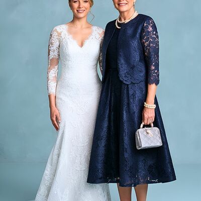 Elegant a line navy blue lace tea-length mother of the bride/groom dress evening formal dress